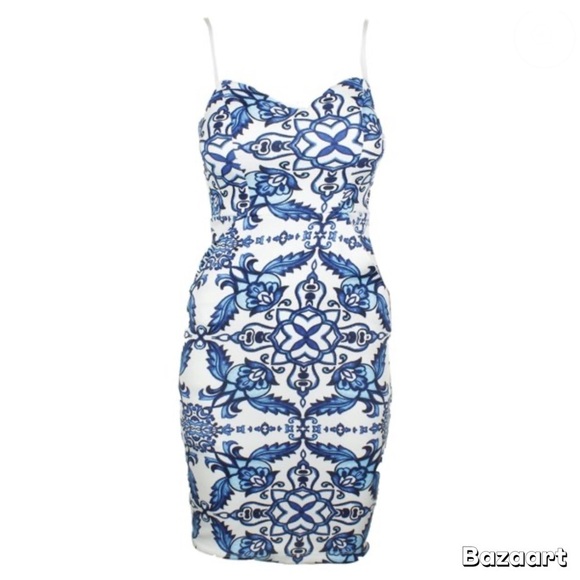 B Darlin Blue and White Bodycon Mini Dress Spaghetti Strap - Picture 7 of 7